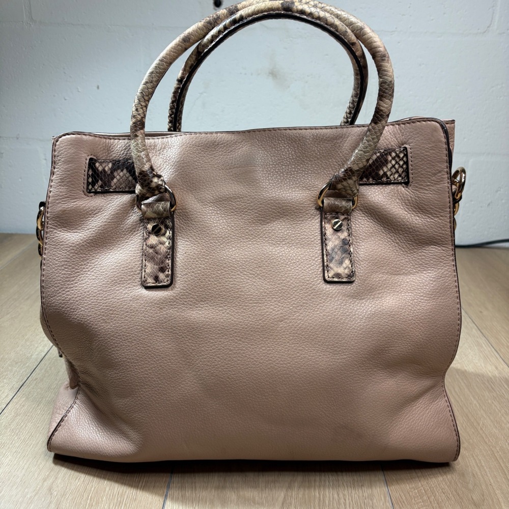 Michael Kors Hamilton Pebbled Leather Snakeskin Trim Tote Bag Beige Gold - Picture 4 of 12